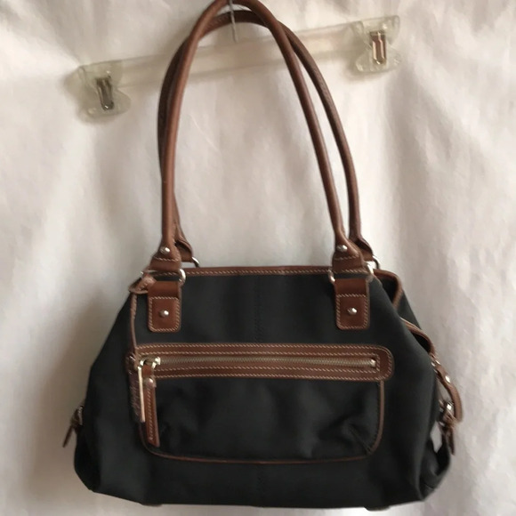 Chaps black nylon bag with brown trim, silver-tone hardware - Picture 2 of 7